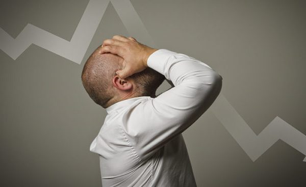 Grief. Expressions, feelings and moods. Man in thoughts. Business depression and recession concept.